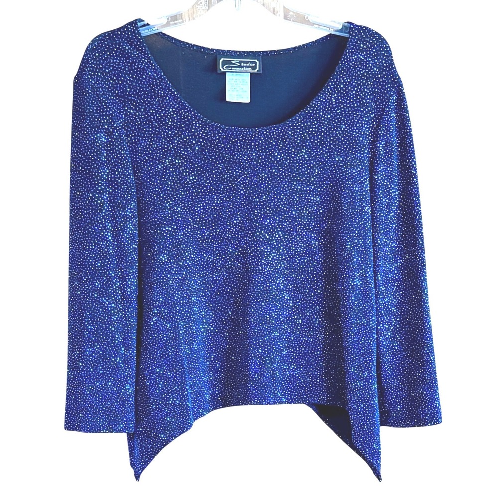 Studio Connection Blue Metallic Glitter Asymmetric Hem Top‎ J15399 Womens 12 USA